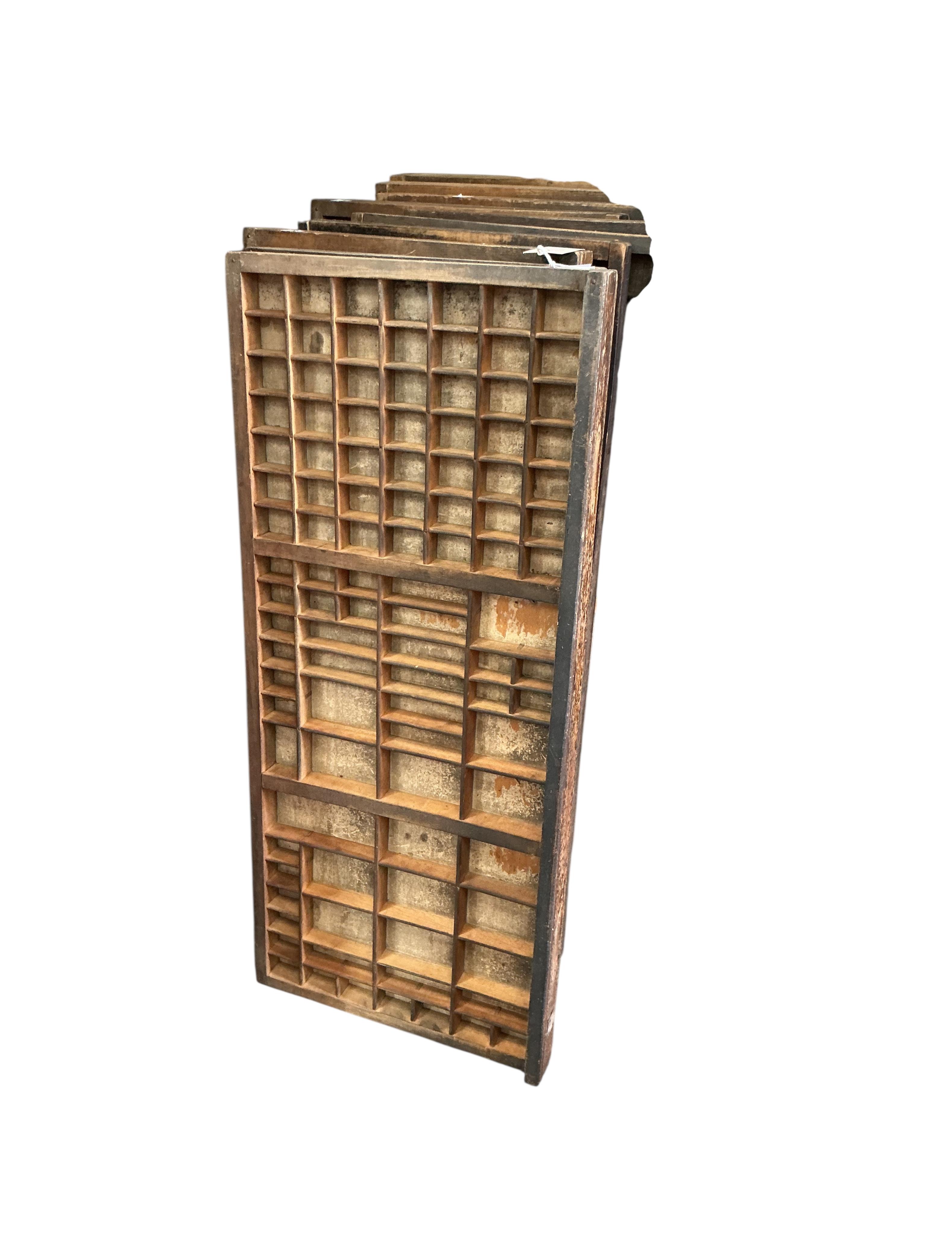 Ten printer's block trays, each 85 x 36cm